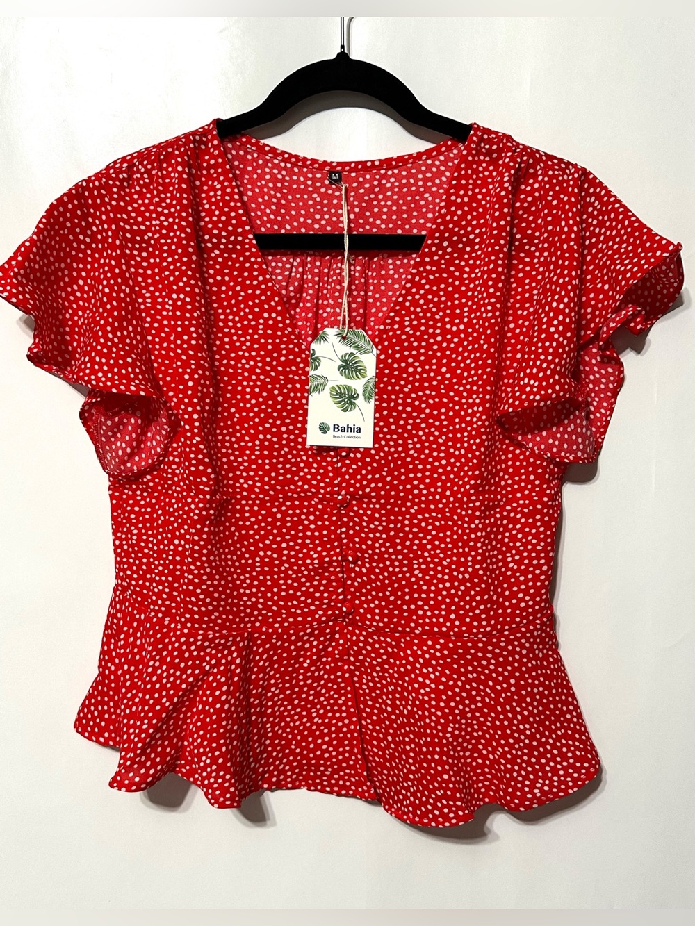 Bahia Ruby Blouse Red Polka Dot Flutter Sleeve Peplum Top  -M